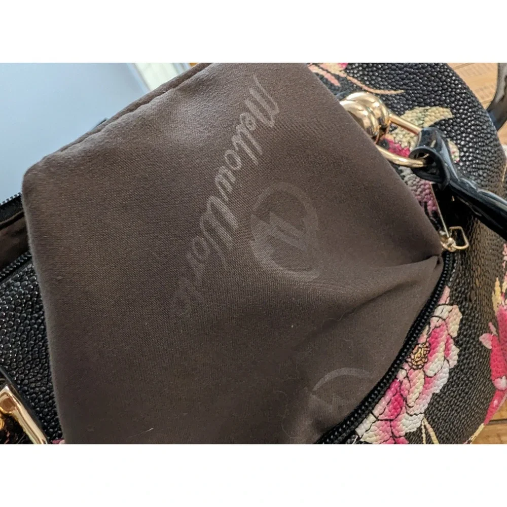 Mellow World Black Floral Dome Shapes Satchel Bag w/Gold Hardware Patent Leather